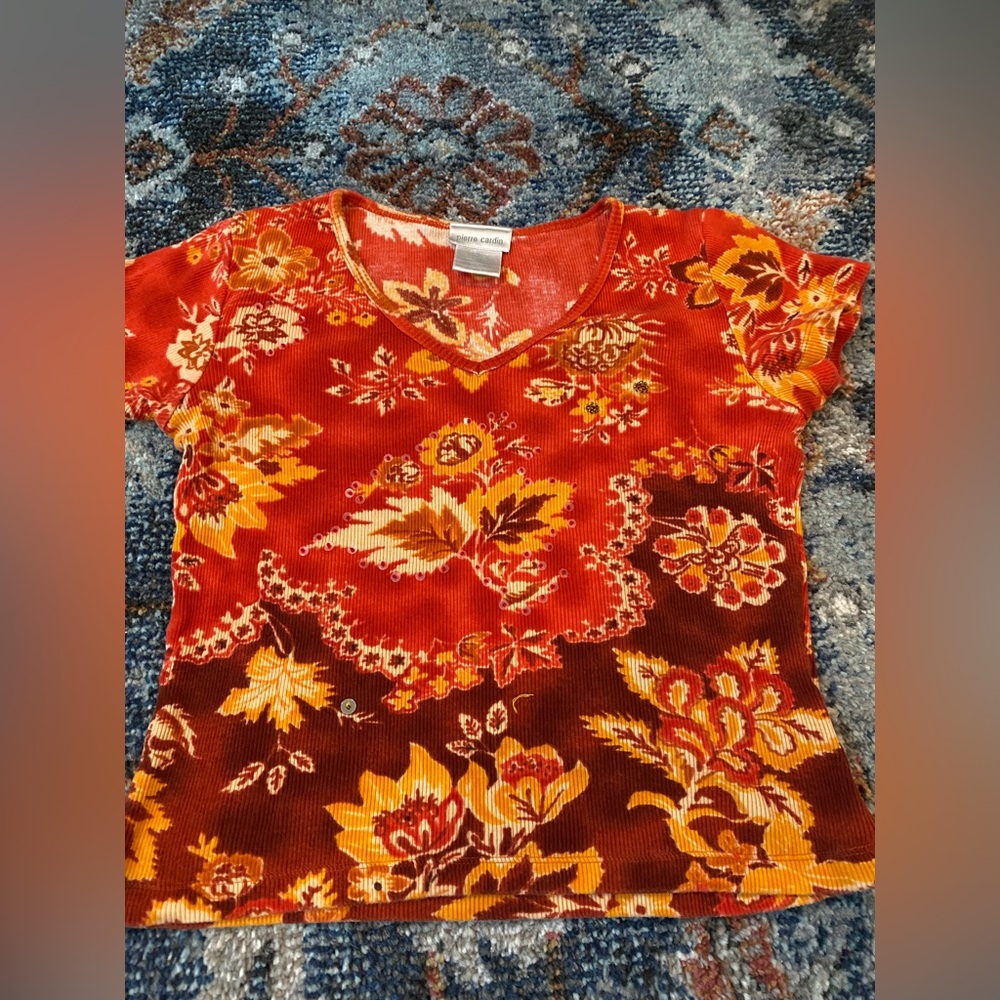 Pierre Cardin Red and Yellow Floral Top